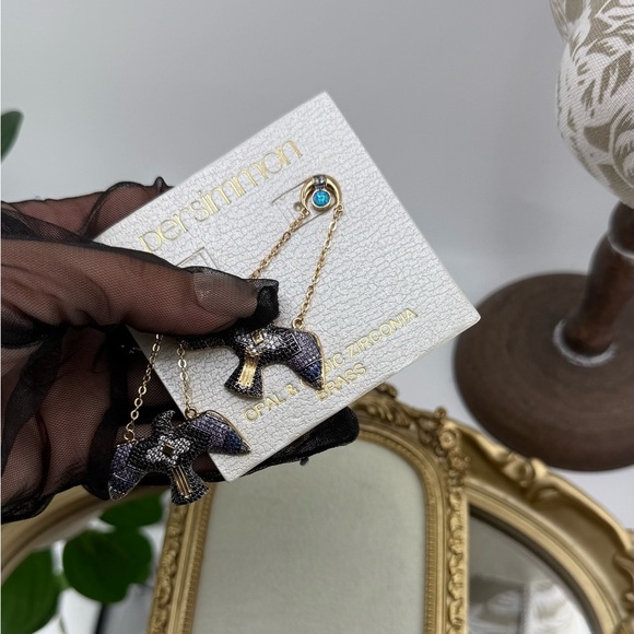 Persimmon Opal & Cubic Zirconia Bird Drop Earrings – Luxe Boho Statement - Picture 6 of 10